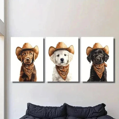 3pcs Dog Wearing a Cowboy Hat Decoration Wall Art Set Canvas Unframed - High Quality Print 100% Australian Made Wall Canvas - Bella Home Decor