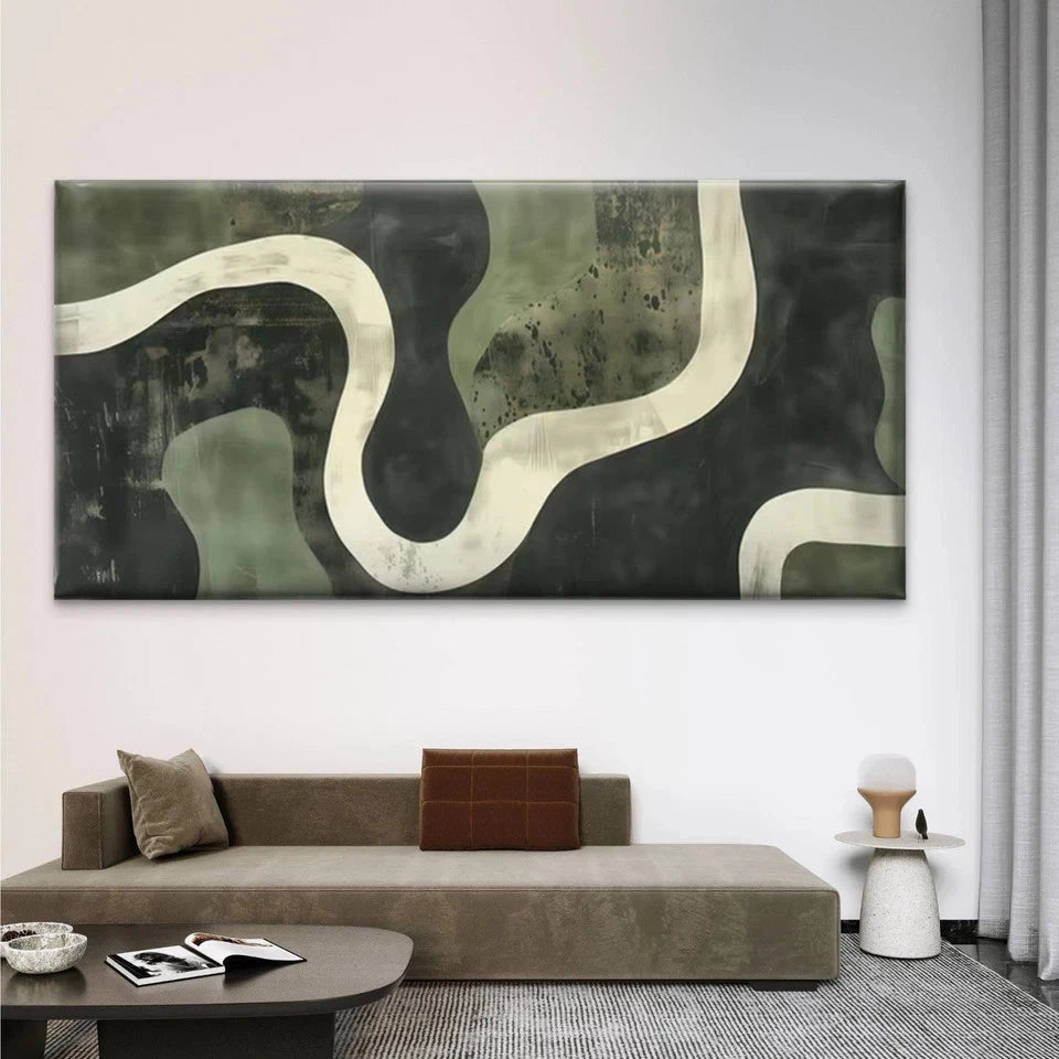 Abstract Green Black Curved Wall Art Canvas Office Home Room Framed 120x60cm