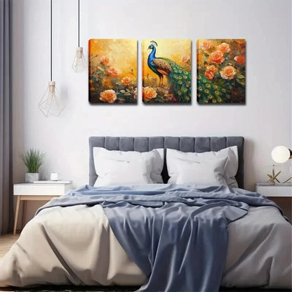 3pcs Vibrant Peacock & Rose Décor Perfect Wall Art Set Canvas Framed 60x90cm - High Quality Print 100% Australian Made Wall Canvas Ready to Hang - Bella Home Decor