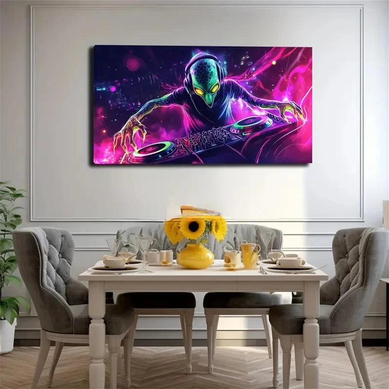 Alien DJ Scene Vibrant Neon Wall Art Canvas Office Home Room Framed 120x60cm