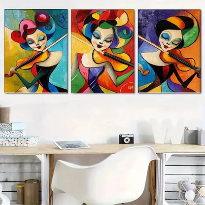 3 PCS Colorful And Lively Abstract Violinist Wall Art Set Canvas Unframed - High Quality Print 100% Australian Made Wall Canvas - Bella Home Decor