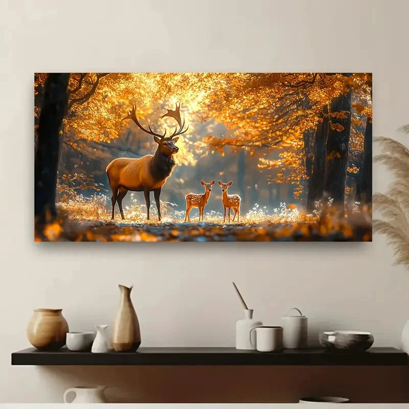 Stag & Fawn in Autumn Forest Wall Art Canvas Office Home Room Framed 120x60cm