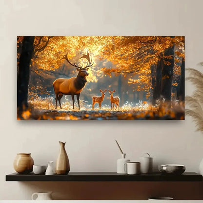 Stag & Fawn in Autumn Forest Wall Art Canvas Office Home Room Framed 120x60cm