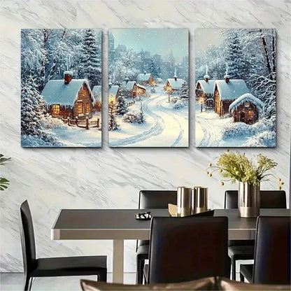 3pcs Snowy City Seasonal Holiday Perfect Wall Art Set Canvas Framed 50x70cm - High Quality Print 100% Australian Made Wall Canvas Ready to Hang