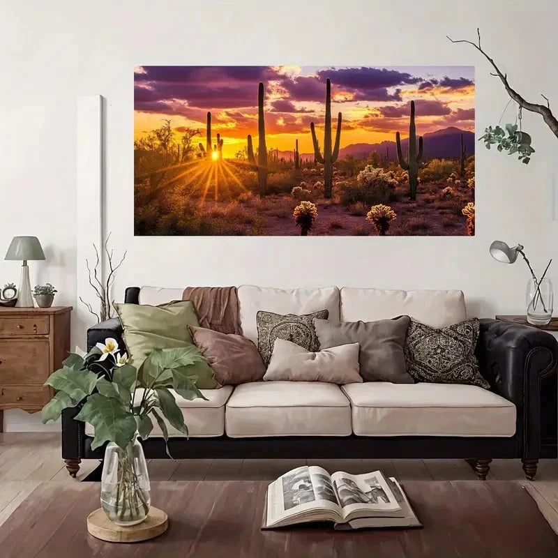 Desert Sunset With Cacti Wall Art Canvas Office Home Room Framed 120x60cm