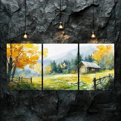 3pcs Beautiful Autumn Scenery Log Cabin Perfect Wall Art Canvas Unframed - High Quality Print 100% Australian Made Wall Canvas - Bella Home Decor
