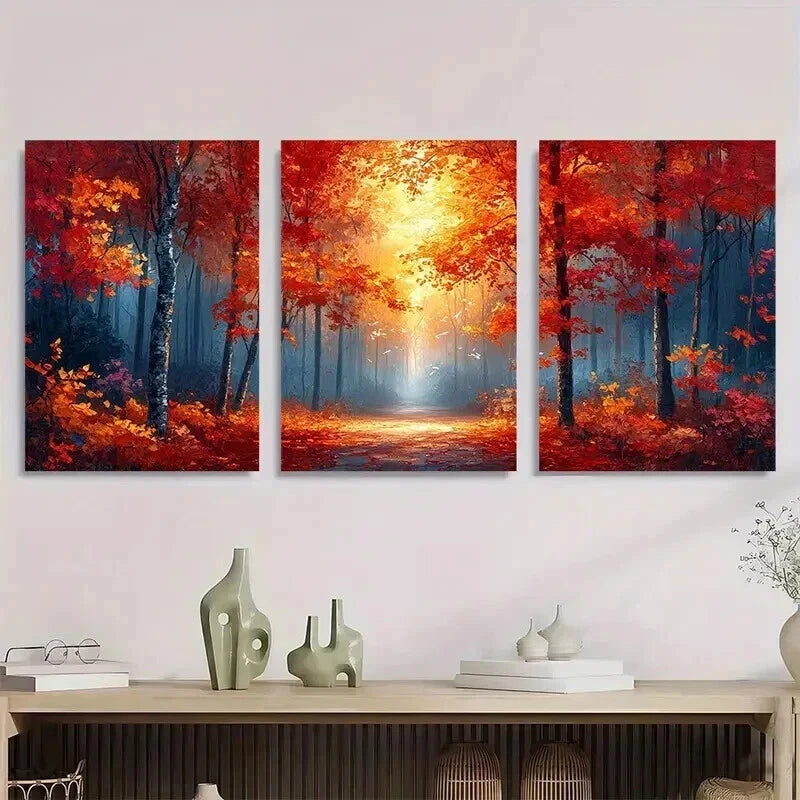 3pcs Warm Autumn Forest Orange & Red Trees Wall Art Set Canvas Framed 50x70cm - High Quality Print 100% Australian Made Wall Canvas Ready to Hang - Bella Home Decor