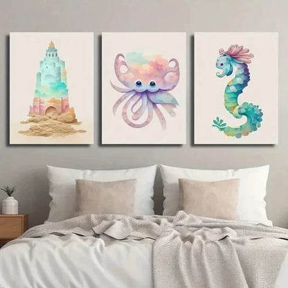 3pcs Sandstone Castle Octopus Seahorse Wall Art Set Canvas Unframed - High Quality Print 100% Australian Made Wall Canvas