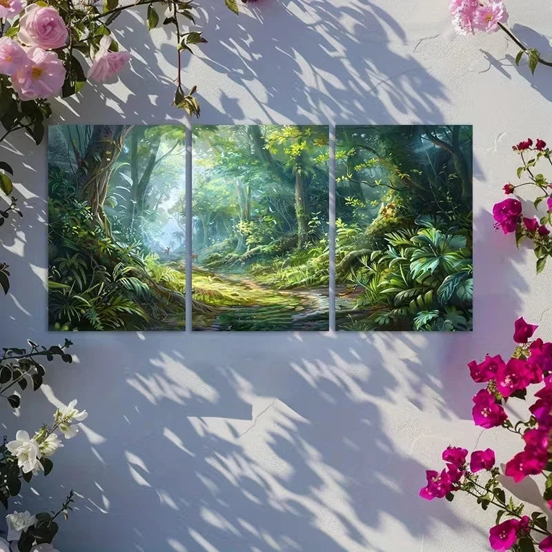 3pcs Dense Forest with Fallen Trees and Grass Metal Print Ready to Hang Art - Bella Home Decor
