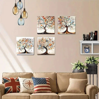 4pcs Vibrant Love Tree With Colorful Orbs & Swir  Wall Art Canvas Framed