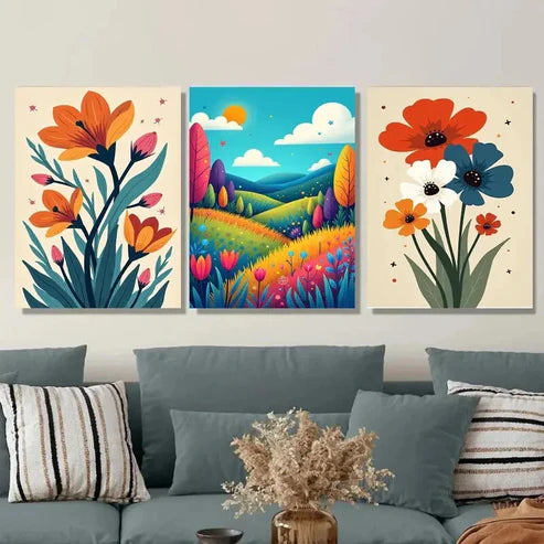 3pcs Colorful Floral Landscape Vibrant Modern Wall Art Set Canvas Unframed - High Quality Print 100% Australian Made Wall Canvas - Bella Home Decor