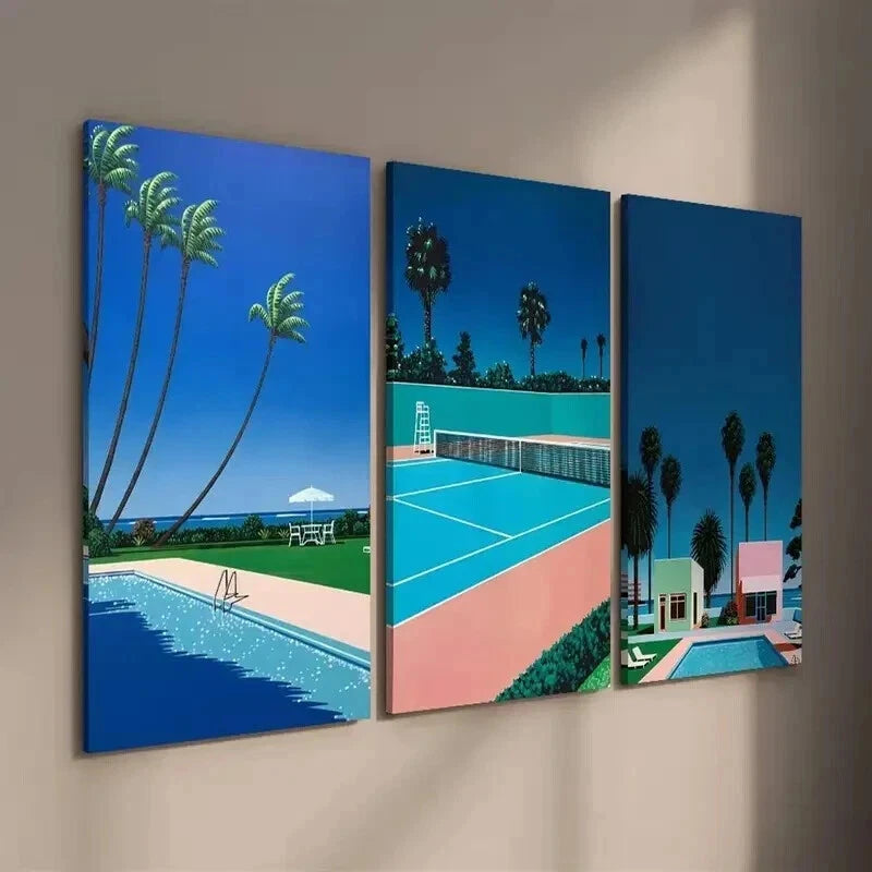 3pcs Coastal Landscape & Poolside Palm Trees Wall Art Set Canvas Framed 50x70cm - High Quality Print 100% Australian Made Wall Canvas Ready to Hang