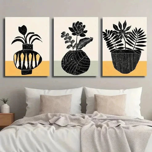 3pcs Black & White Plant Silhouette Floral Vase Wall Art Set Canvas Unframed - High Quality Print 100% Australian Made Wall Canvas - Bella Home Decor