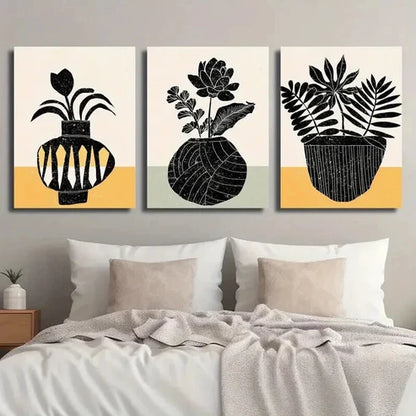 3pcs Black & White Plant Silhouette Floral Vase Wall Art Set Canvas Unframed - High Quality Print 100% Australian Made Wall Canvas - Bella Home Decor