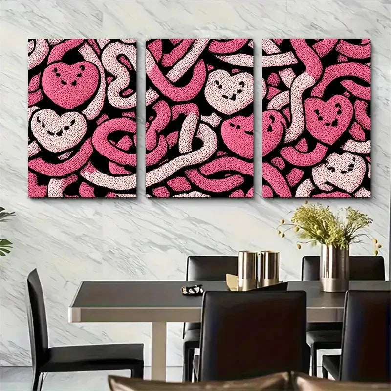 3pcs Retro Pink Heart & Snake Trendy Prefect Wall Art Set Canvas Framed 40x60cm - High Quality Print 100% Australian Made Wall Canvas Ready to Hang