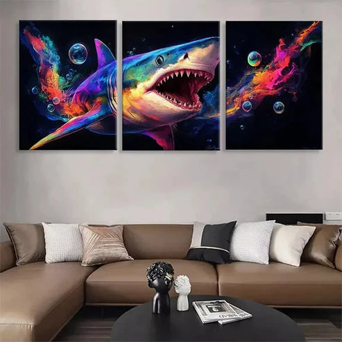 3pcs Colorful Shark Rainbow Splash Perfect Wall Art Set Canvas Unframed - High Quality Print 100% Australian Made Wall Canvas - Bella Home Decor