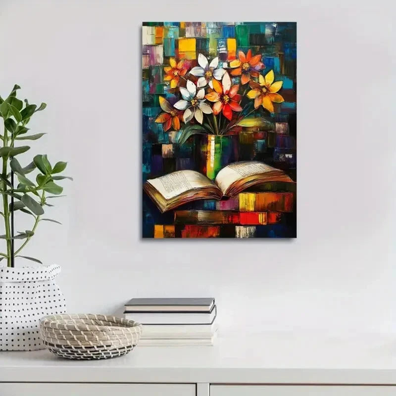 Modern Abstract Floral and Book Painting 40x60cm Metal Print Ready to Hang