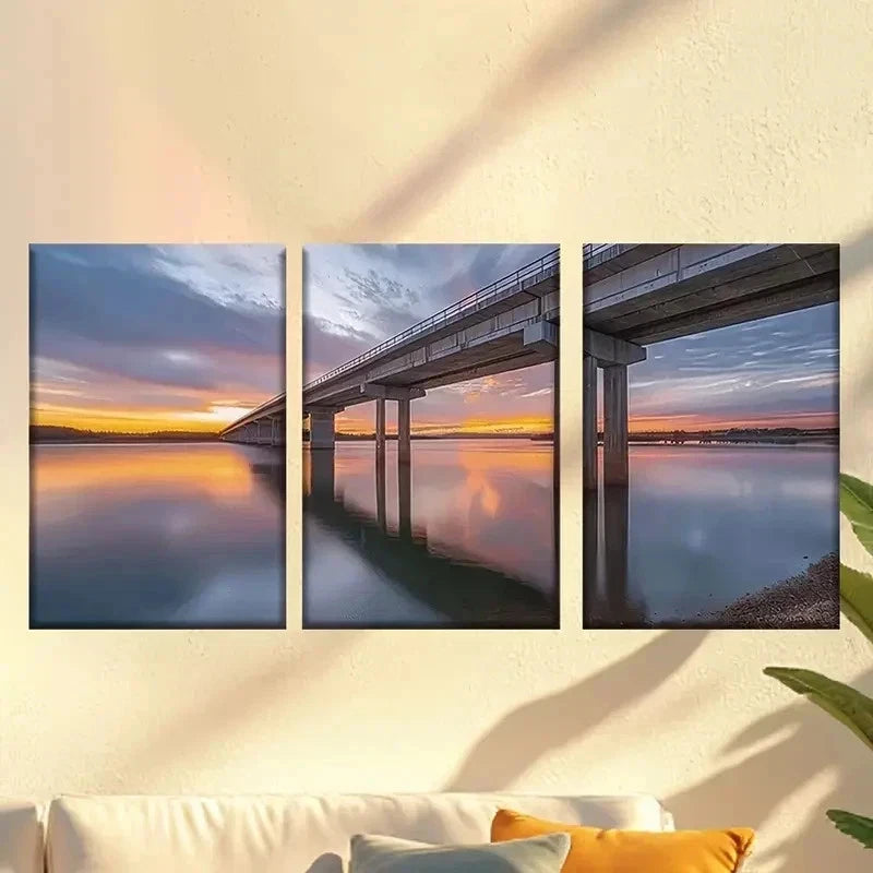 3pcs  Sunset Bridge Scenery, Serene Water  Wall Art Set Canvas Framed 40x60cm - High Quality Print 100% Australian Made Wall Canvas Ready to Hang - Bella Home Decor