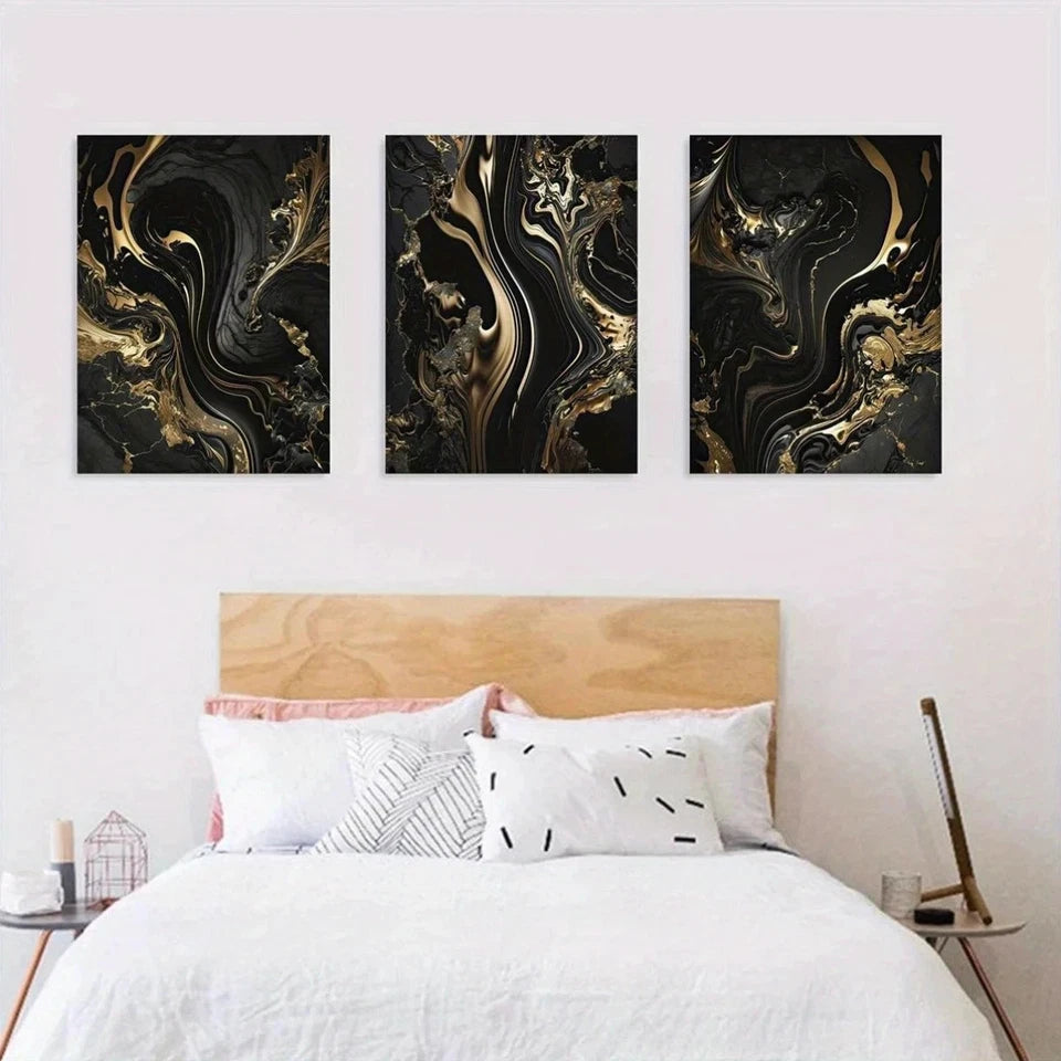 3pcs Black & Golden Marble Abstract Design Metal Print Ready to Hang Art - Bella Home Decor