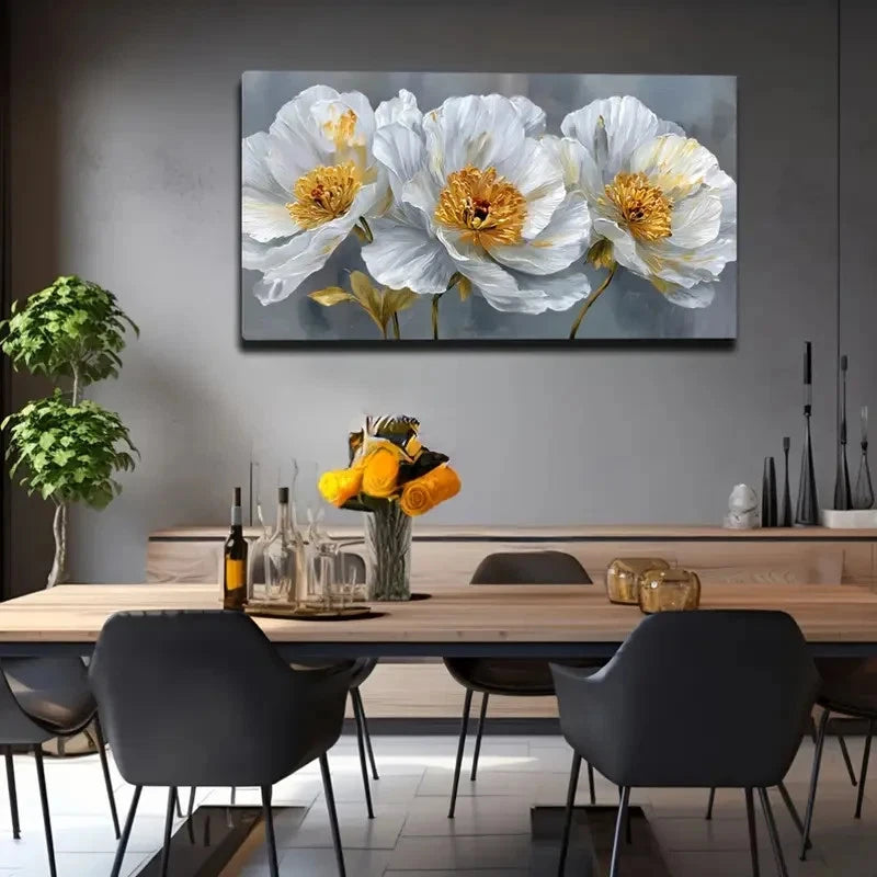 Three White Peonies Landscape Wall Art Canvas Office Home Room Framed 120x60cm