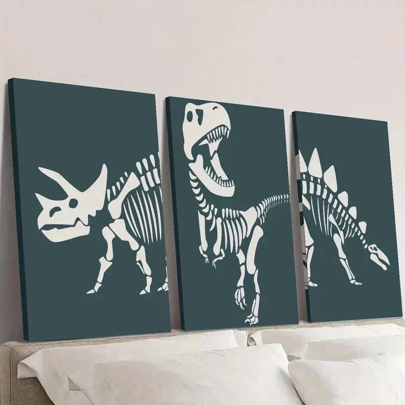 3pcs Dinosaur Triceratops Skeleton Outline Wall Art Set Canvas Framed 50x70cm - High Quality Print 100% Australian Made Wall Canvas Ready to Hang