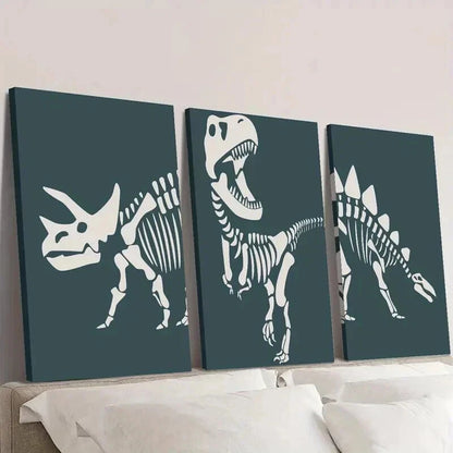 3pcs Dinosaur Triceratops Skeleton Outline Wall Art Set Canvas Framed 50x70cm - High Quality Print 100% Australian Made Wall Canvas Ready to Hang