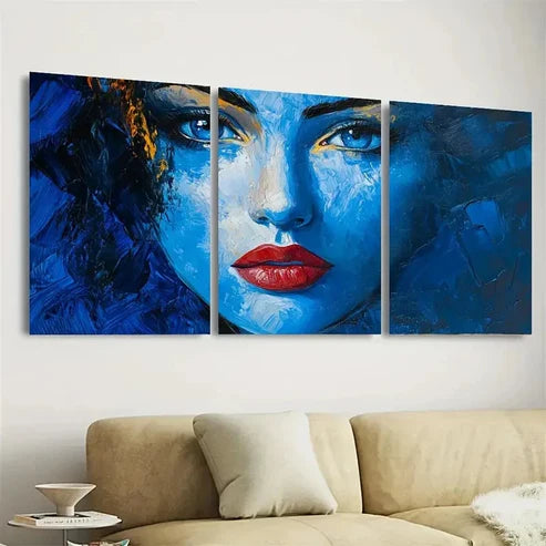 3pcs Blue Face Abstract Lady Woman Face Wall Art Set Canvas Unframed - High Quality Print 100% Australian Made Wall Canvas - Bella Home Decor