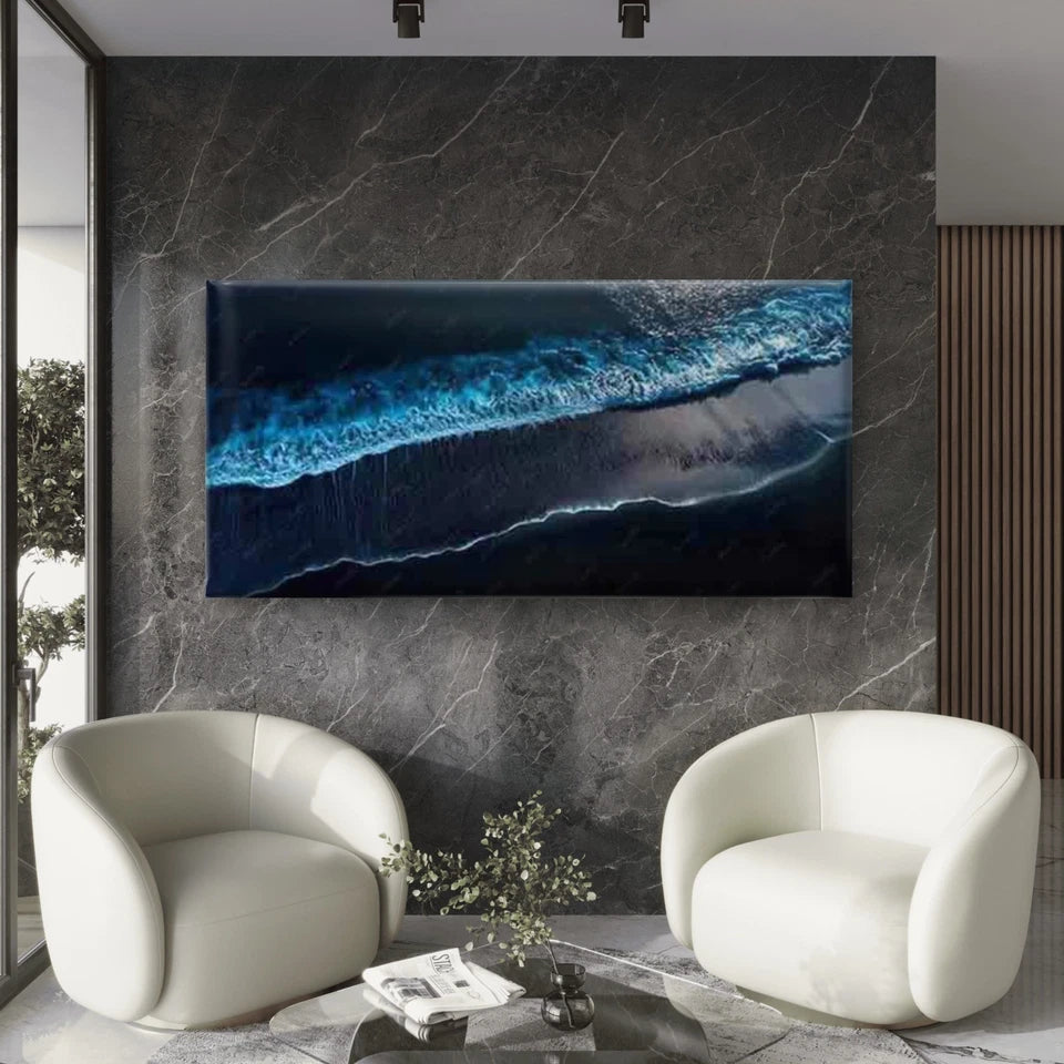 Blue And Black Coastal Scene Wall Art Canvas Office Home Room Framed 120x60cm - Bella Home Decor