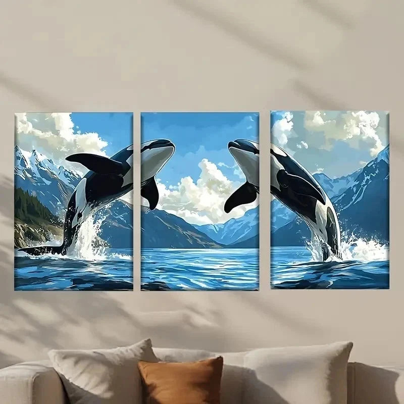 3pcs Two Killer Whales Jumping Out Wall Art Set Canvas Framed 50x70cm - High Quality Print 100% Australian Made Wall Canvas Ready to Hang