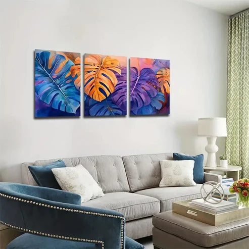 3pcs Gorgeous Turtle Back Bamboo Leaf Wall Art Set Canvas Unframed - High Quality Print 100% Australian Made Wall Canvas - Bella Home Decor