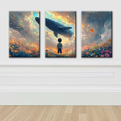 3pcs Fields, girls, whales Illustration Wall Art Set Canvas Framed 60x90cm - High Quality Print 100% Australian Made Wall Canvas Ready to Hang