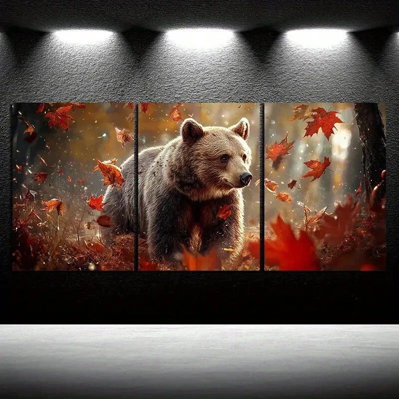 3pcs Bears in the Forest Red Leaves Modern Themed Metal Print Ready to Hang Art - Bella Home Decor