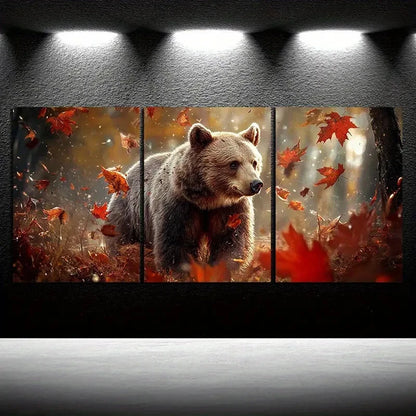 3pcs Bears in the Forest Red Leaves Modern Themed Metal Print Ready to Hang Art - Bella Home Decor