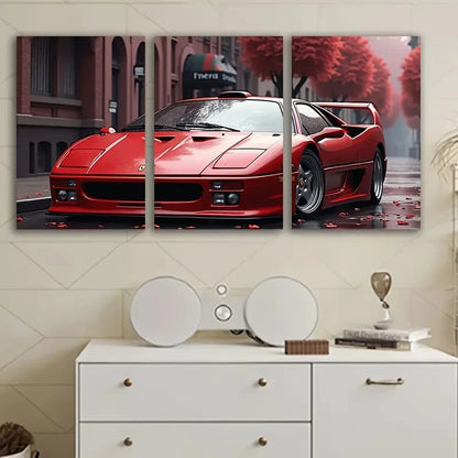 3pcs Red Ferrari In The Cityscape Wall Art Set Canvas Framed 60x90cm - High Quality Print 100% Australian Made Wall Canvas Ready to Hang