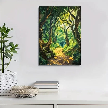 Lush Oak Forest Scene with Sunlit Pathway 40x60cm Metal Print Ready to Hang - Bella Home Decor