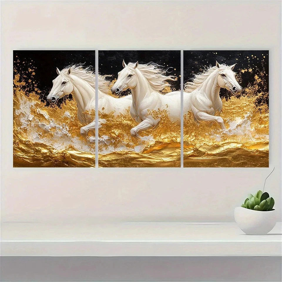 3pcs Golden Horses Modern Abstract Painting Metal Print Ready to Hang Art - Bella Home Decor