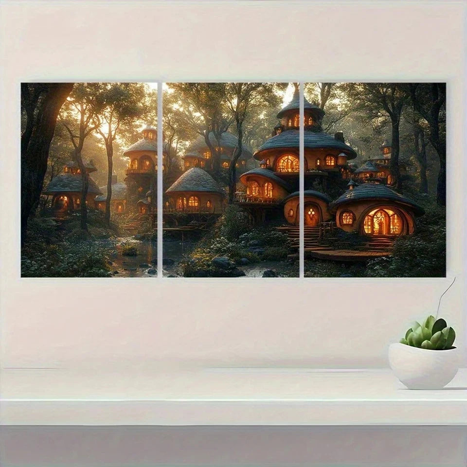 3pcs Gnome City Houses in Forest Scene Metal Print Ready to Hang Art - Bella Home Decor