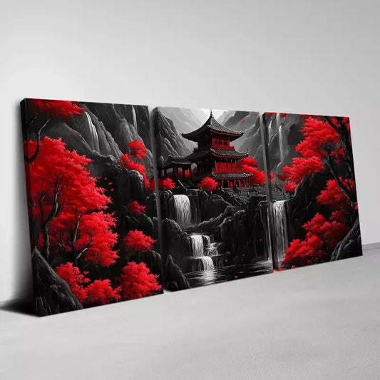 3pcs Japanese Pagoda & Cherry Blossom Wall Art Set Canvas Framed 40x60cm - High Quality Print 100% Australian Made Wall Canvas Ready to Hang