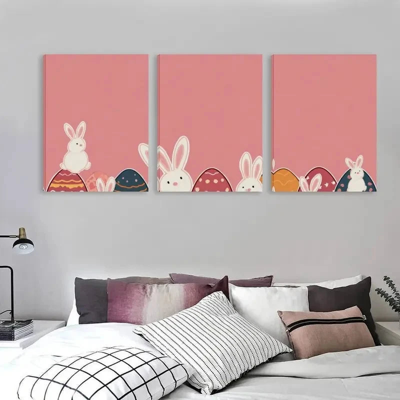 3pcs Easter Bunny & Pastel Pink    Wall Art Set  Canvas Framed 50x70cm - High Quality Print 100% Australian Made Wall Canvas Ready to Hang - Bella Home Decor