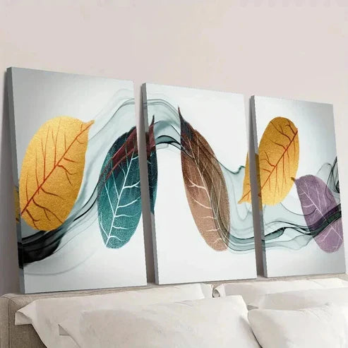 3pcs Fashionable Gold Blue Purple Leaves Wall Art Set Canvas Unframed - High Quality Print 100% Australian Made Wall Canvas
