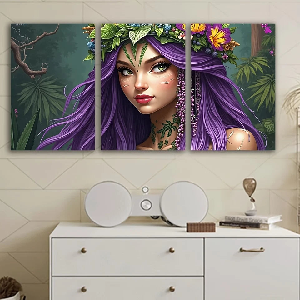 3pcs Vibrant Purple Haired Woman with Floral Wall Art Set Canvas Framed 40x60cm - High Quality Print 100% Australian Made Wall Canvas Ready to Hang