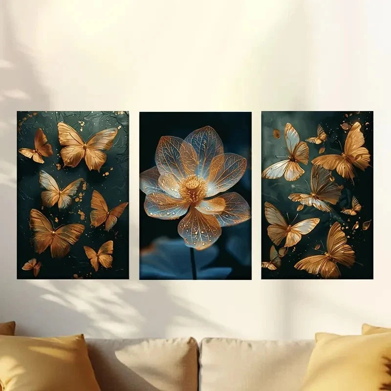 3pcs Golden Butterflies And Flowers Wall Art Set Canvas Framed 40x60cm - High Quality Print 100% Australian Made Wall Canvas Ready to Hang - Bella Home Decor
