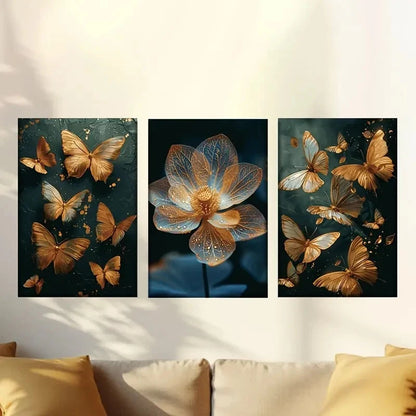 3pcs Golden Butterflies And Flowers Wall Art Set Canvas Framed 40x60cm - High Quality Print 100% Australian Made Wall Canvas Ready to Hang - Bella Home Decor