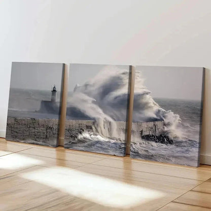 3pcs Pier Huge Waves Lighthouse Sea Wall Art Set Canvas Framed 50x70cm - High Quality Print 100% Australian Made Wall Canvas Ready to Hang - Bella Home Decor