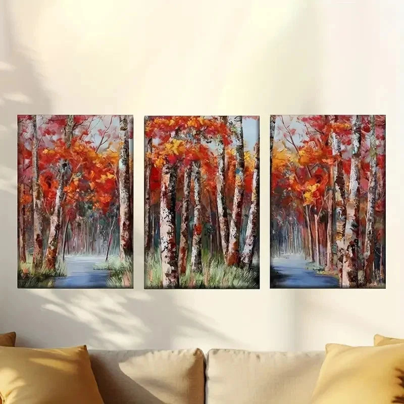 3pcs a painting of a forest with red leaves Wall Art Set Canvas Framed 60x90cm - High Quality Print 100% Australian Made Wall Canvas Ready to Hang - Bella Home Decor