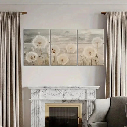3pcs Rustic Wooden Background Dandelion Floral Wall Art Set Canvas Framed 60x90cm - High Quality Print 100% Australian Made Wall Canvas Ready to Hang - Bella Home Decor