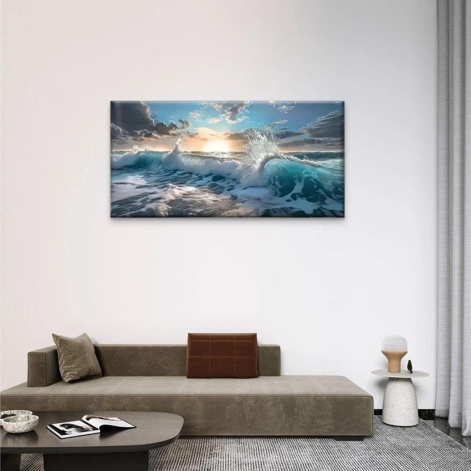 Sunset Ocean Clouds Wave Wall Art Canvas Office Home Room Framed 120x60cm