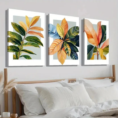 3pcs Modern Botanical Orange Blue Leave Perfect Wall Art Set Canvas Framed 60x90cm - High Quality Print 100% Australian Made Wall Canvas Ready to Hang - Bella Home Decor