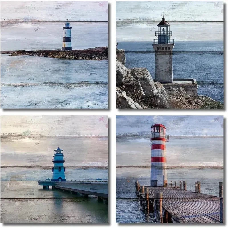 4pcs Nautical Lighthouse Wall Art Canvas Framed