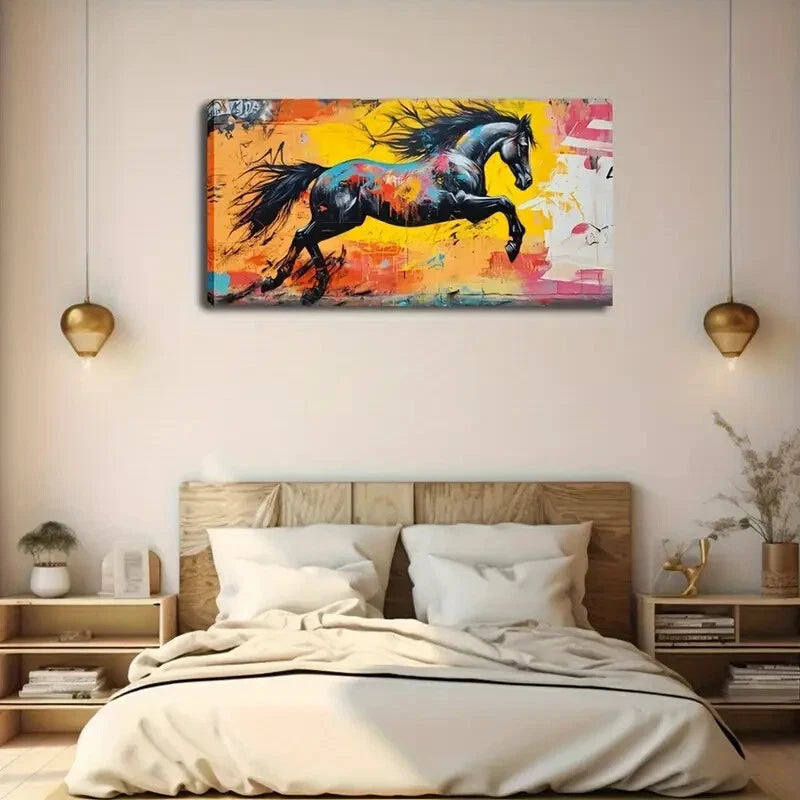 Vibrant  Abstract Horse Black Wall Art Canvas Office Home Room Framed 120x60cm - Bella Home Decor